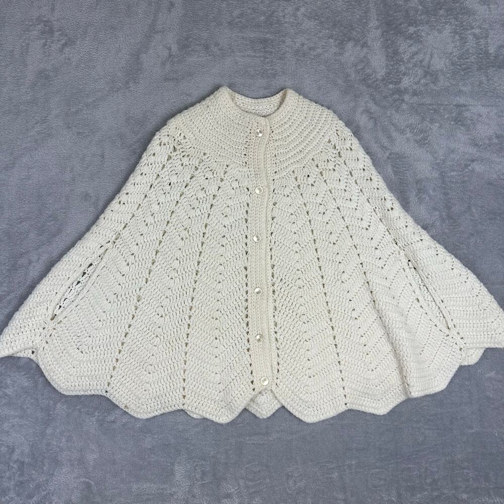 Vintage White Crochet Knit Cape Coat Women's One Size S M L XL Boho Poncho